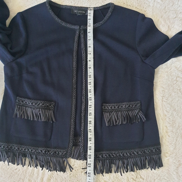 St. John Fringe Trim Jacket Womens Navy Blue Wool Rayon Blend M/L 3/4 Sleeve - Picture 8 of 10